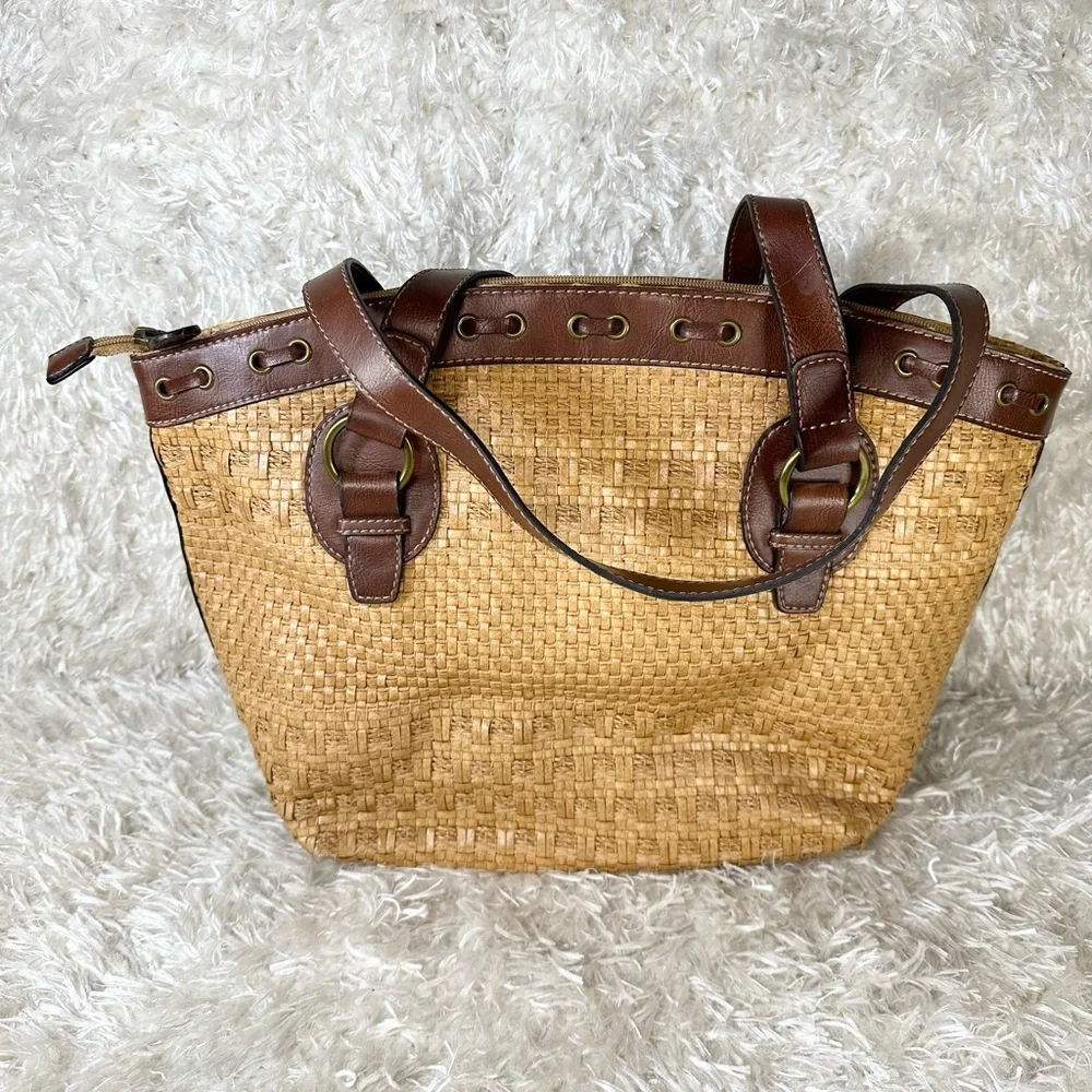 Fossil Woven Tan Straw Brown Leather Trim Tote Shoulder Bag - NWOT - Picture 2 of 7